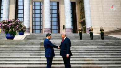 دست دادن دونالد ترامپ و شی جین پینگ روی پله های ساختمان تشریفاتی