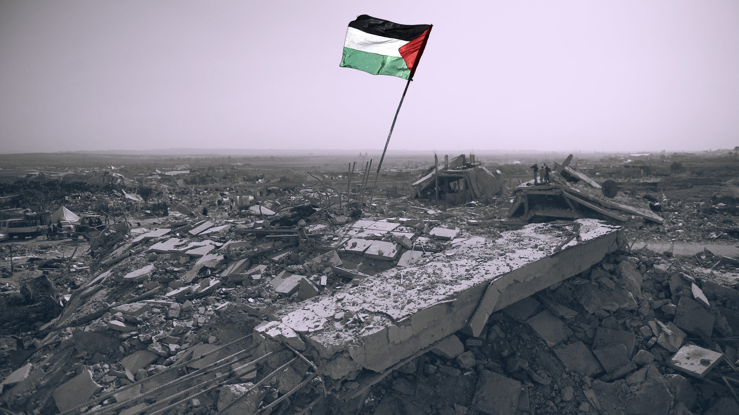 پرچم فلسطین در میان خرابه ها ـ‌ اطلس دیپلماسی