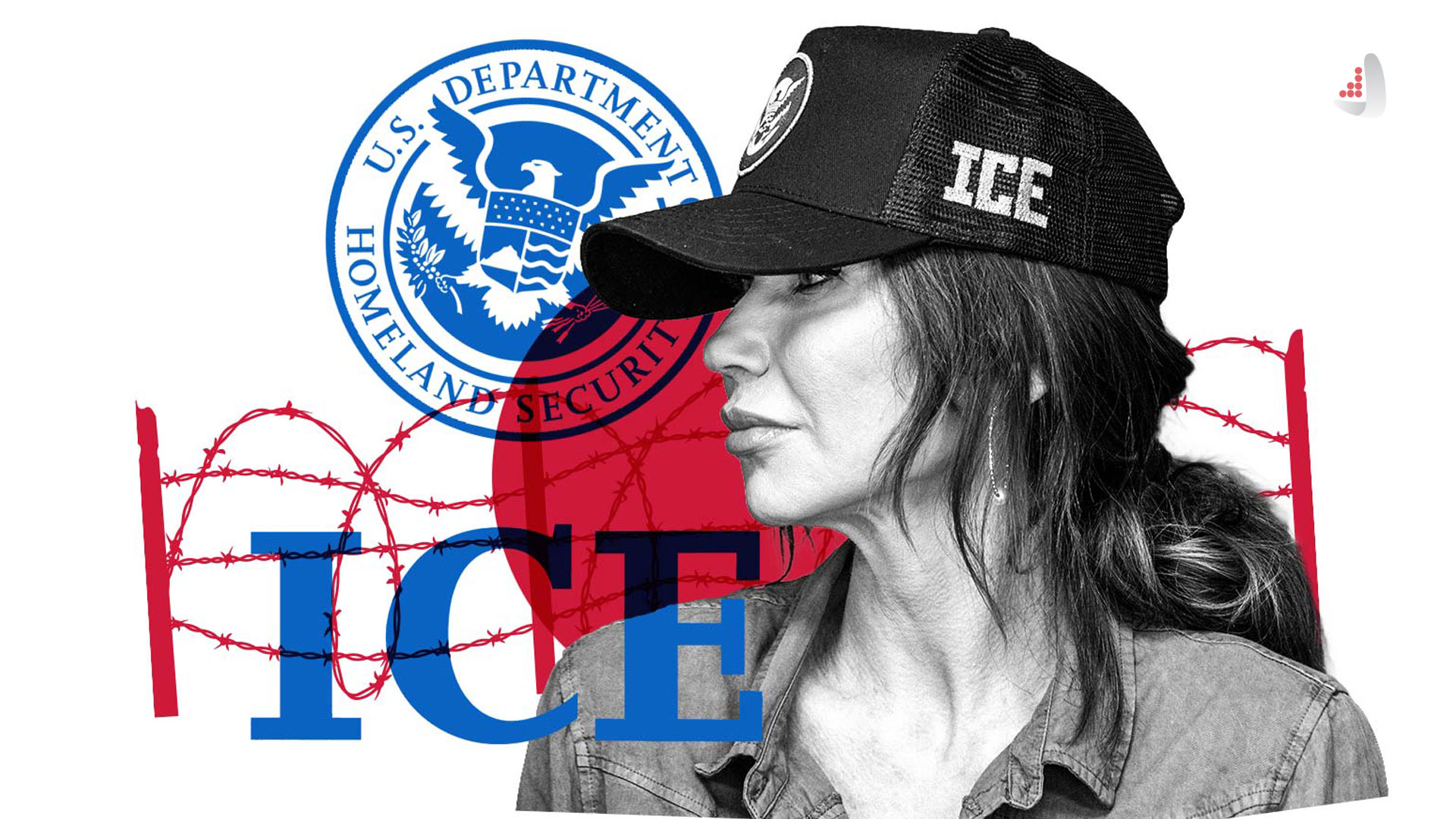 تصویرسازی از زنی با کلاه «ICE» در کنار لوگوی وزارت امنیت داخلی آمریکا و سیم خاردار قرمز