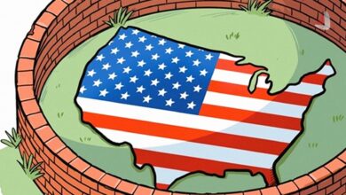 کاریکاتور نقشه ایالات متحده با طرح پرچم آمریکا که در میان یک حصار و دیوار آجری دایره‌ای محصور شده است