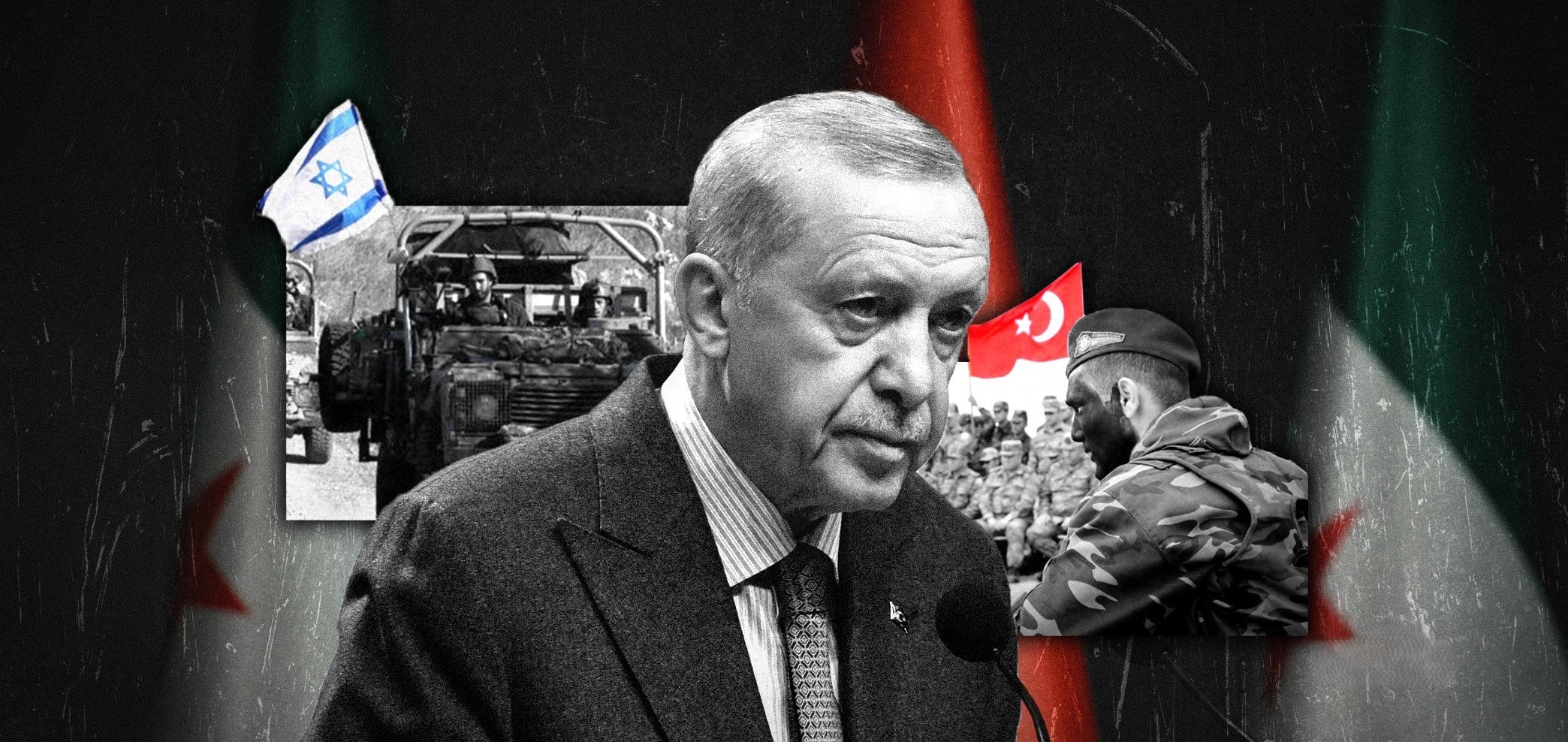 طرح گرافیکی کولاژ از رجب طیب اردوغان رئیس‌جمهور ترکیه با تصاویری از نیروهای نظامی و پرچم‌های اسرائیل، ترکیه و سوریه