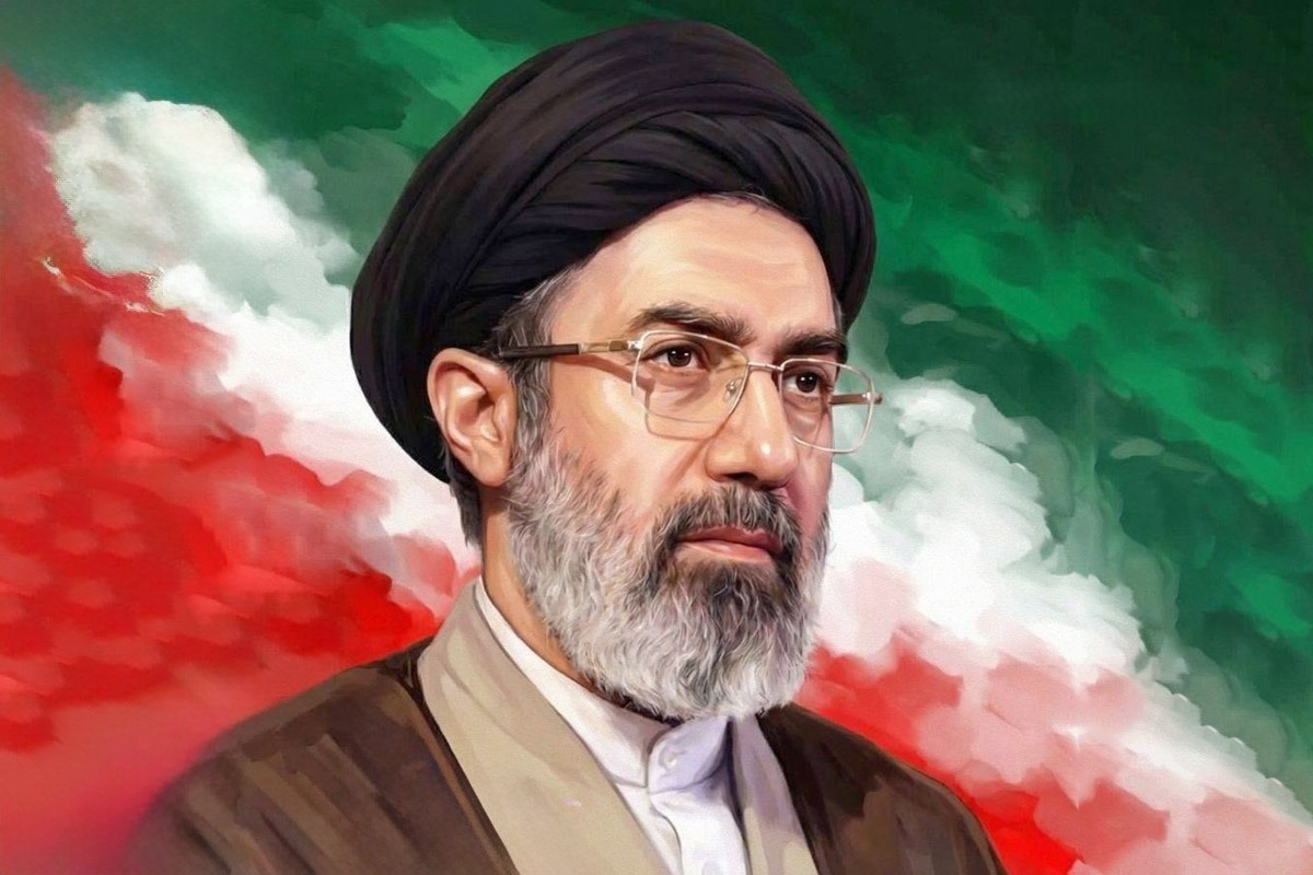 پرتره رهبر ایران در برابر رنگ های پرچم جمهوری اسلامی