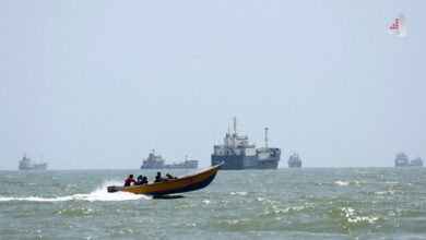 قایق تندرو در دریا با چند کشتی بزرگ در افق