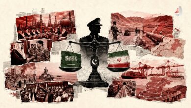 پوستر مفهومی کلاژ درباره روابط دیپلماسی، نظامی و اقتصادی ایران، عربستان و پاکستان همراه با نماد ترازو