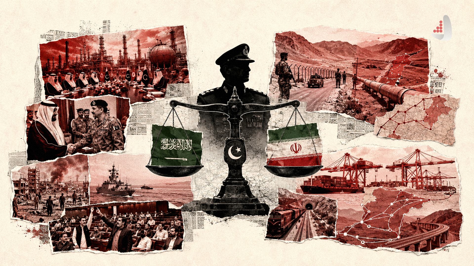 پوستر مفهومی کلاژ درباره روابط دیپلماسی، نظامی و اقتصادی ایران، عربستان و پاکستان همراه با نماد ترازو