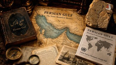 نقشه تاریخی خلیج فارس در کنار اسناد قدیمی و مدارک مرتبط با نام Persian Gulf