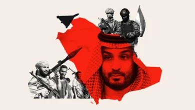 تصویر کلاژ سیاسی از نقشه عربستان سعودی با چهره محمد بن سلمان و نیروهای نظامی