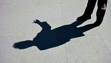 سایه یک فرد در حال اشاره روی سطح سنگی