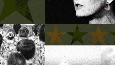 کلاژی تصویری شامل جن کیگنز و الین لوریا، کشتی‌های نظامی در تنگه هرمز، تفنگداران دریایی در پایگاه هوایی نیروی دریایی و دود برخاسته از ساختمان‌هایی در ایران؛ تصویری درباره تأثیر جنگ ایران بر رقابت انتخاباتی آمریکا