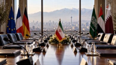 میز مذاکره با پرچم های ایران، کشورهای اروپایی و عربی با چشم انداز شهر تهران