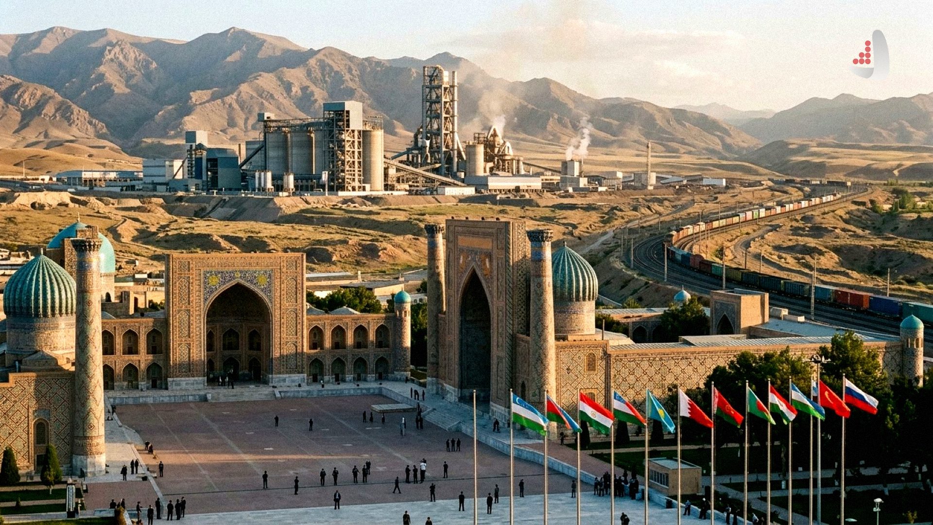 تصویر گرافیکی میدان ریگستان سمرقند با پرچم کشورها و کارخانه صنعتی در پس زمینه
