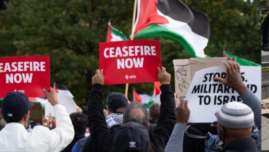 معترضان با پلاکارد قرمز CEASEFIRE NOW و پرچم فلسطین در راهپیمایی