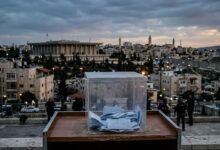 صندوق پلاستیکی رای در مقابل چشم انداز شهر بیت المقدس